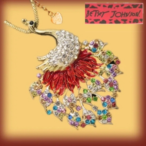 Peacock Necklace Filigree Rhinestone  Crystal Pendant Multicolor Betsey Johnson - Picture 2 of 8